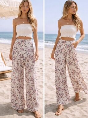 Boho Floral Wide Leg Pants Cream Pink Blue Flowing Beach Vacation High Rise